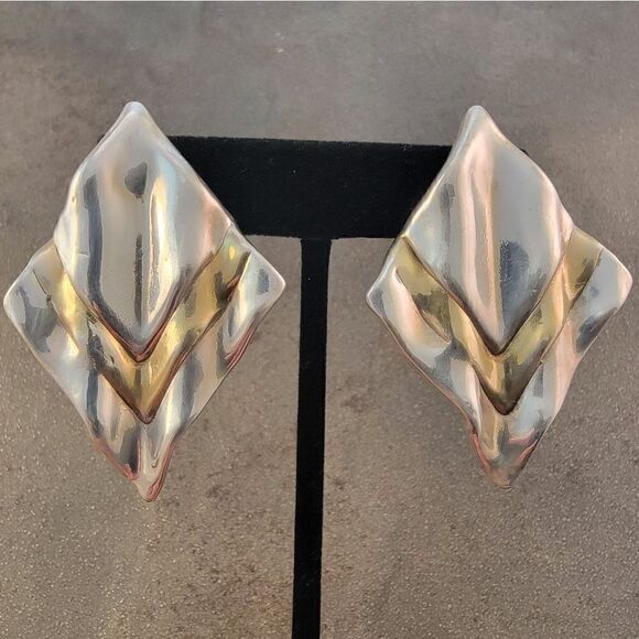 Vintage David Varsano Sterling Electroform Modernest 2-tone Post Omega Earrings - Picture 2 of 11